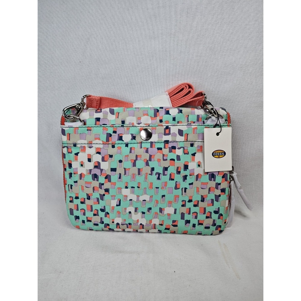 Fossil Keyper Mini Flap Crossbody Bag Blue Multi Geometric Canvas Purse NWT